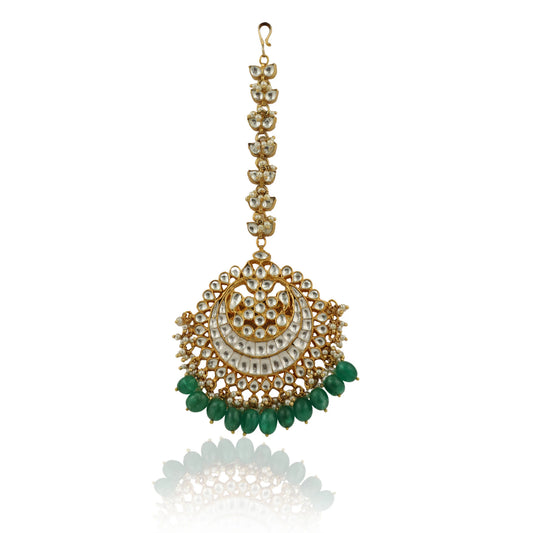 Heavy  Maangtikka Studded With Jadtar Stones And Green Drops