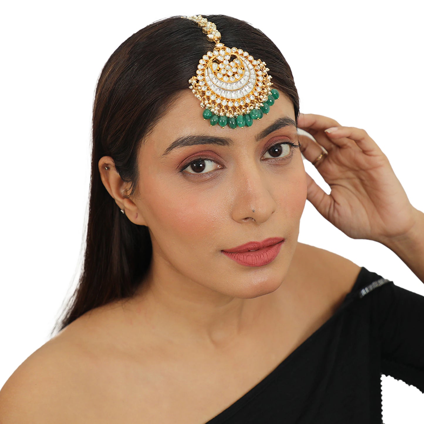 Heavy  Maangtikka Studded With Jadtar Stones And Green Drops