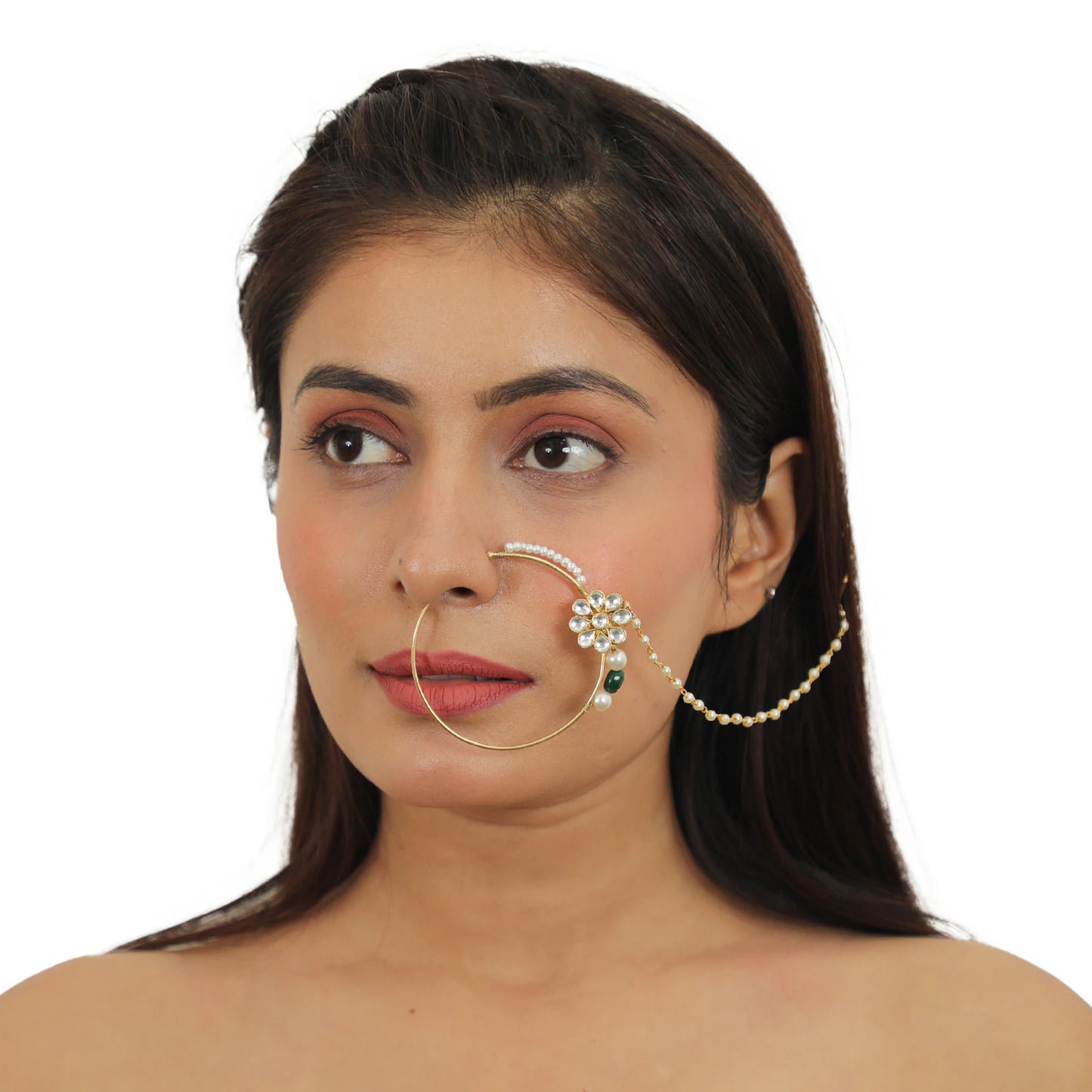 Floral Nosering With Pearls And  Emerald Drop