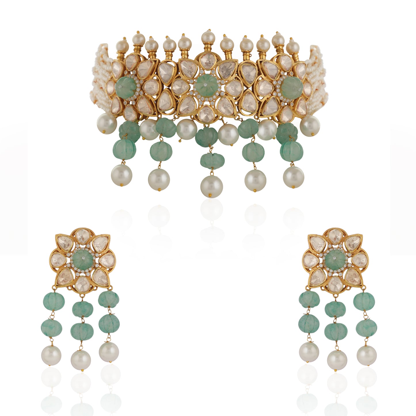 Unique Indian Bridal Wear Sea Green Choker Set With White Pearl