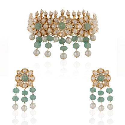 Unique Indian Bridal Wear Sea Green Choker Set With White Pearl