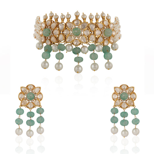 Unique Indian Bridal Wear Sea Green Choker Set With White Pearl