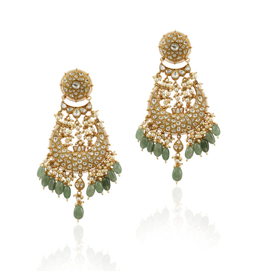 White Jadtar Stone Big Earrings With Sea Green Beads