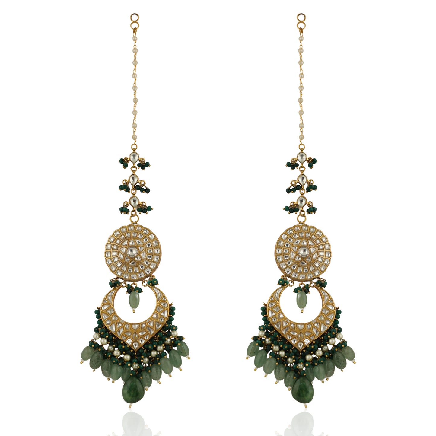 Sea Green Beads And Dark Green  Long Earrings With  Earchain