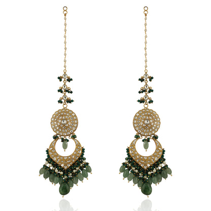 Sea Green Beads And Dark Green  Long Earrings With  Earchain