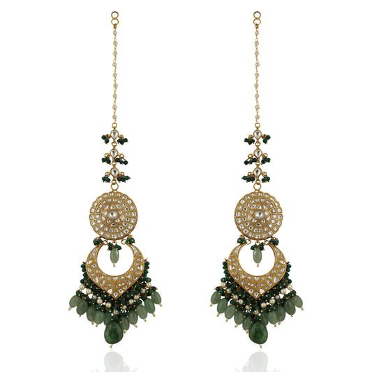 Sea Green Beads And Dark Green  Long Earrings With  Earchain