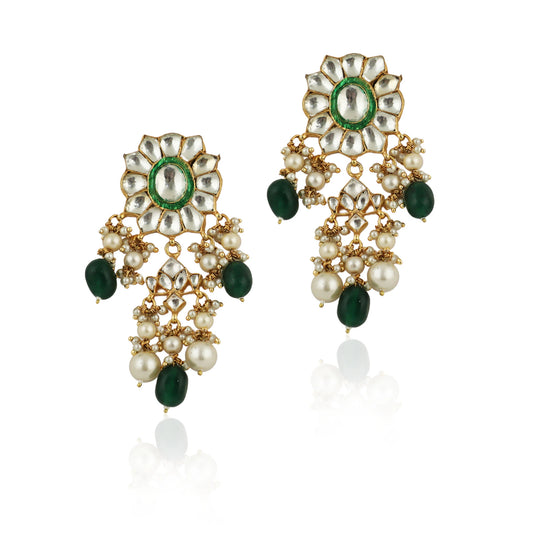 Green Meenawork Earrings With White Pearl And Green Beads