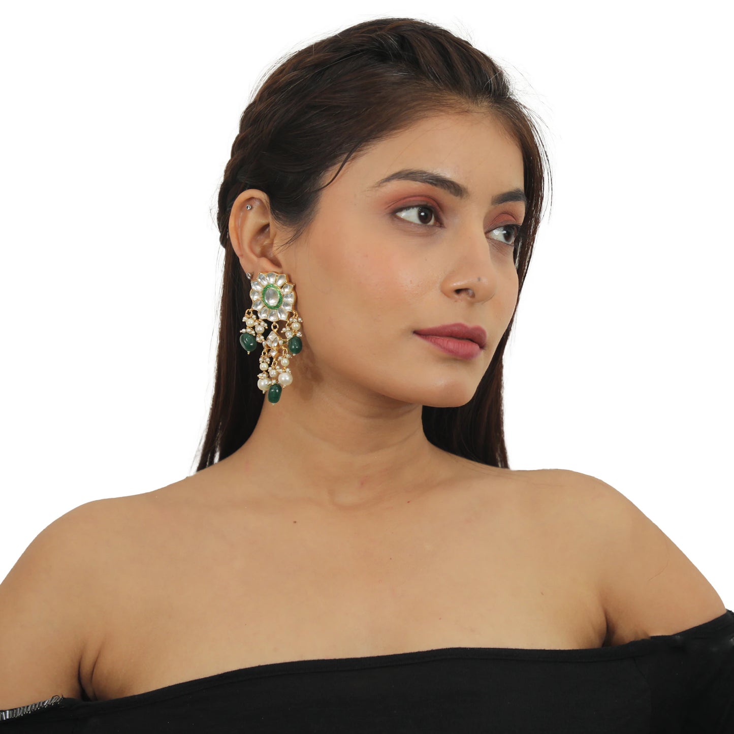 Green Meenawork Earrings With White Pearl And Green Beads