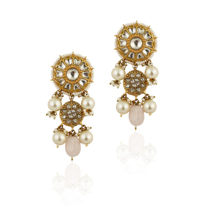 White Stone Earrings With Light Pink Beads And Pearl