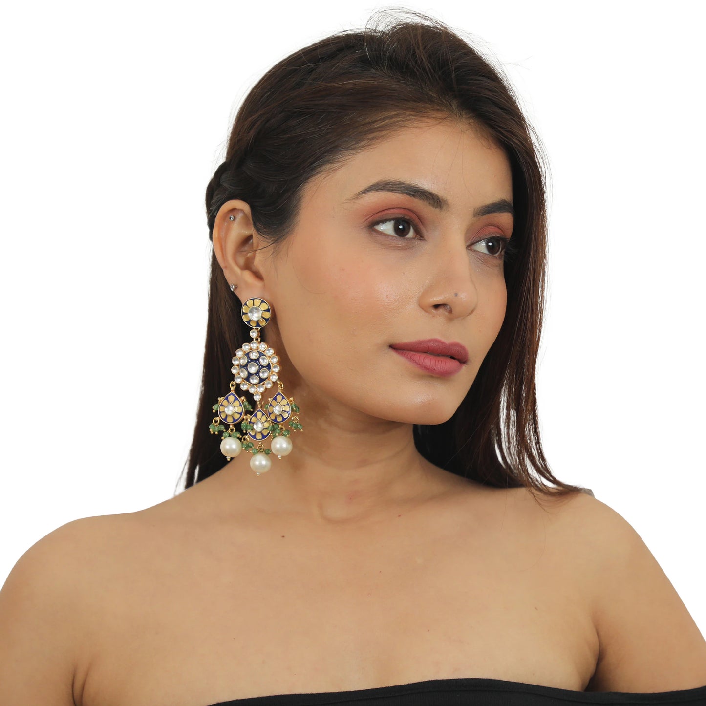 Blue Meenakari Earrings With White Pearl And Sea Green Hangings