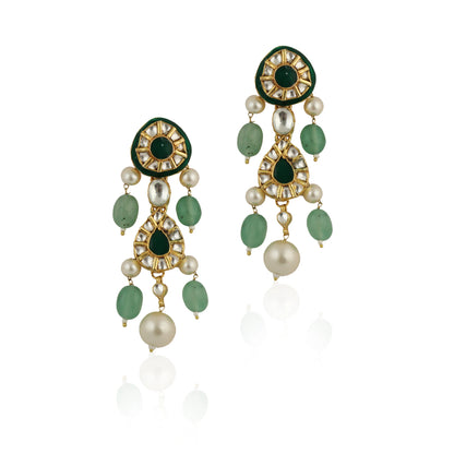 Green Meenawork Earrings With White Pearl And Sea Green Beads