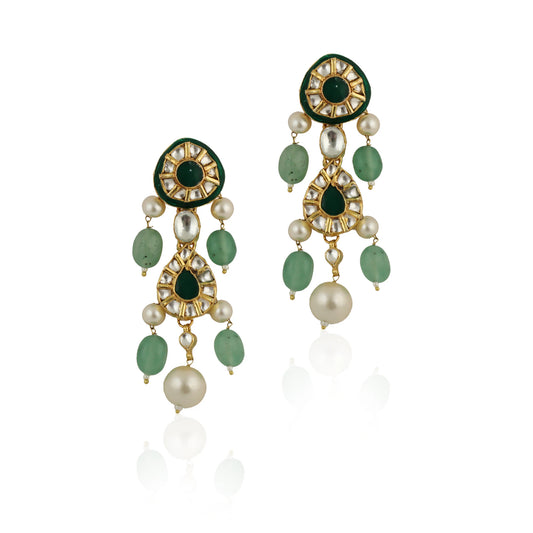 Green Meenawork Earrings With White Pearl And Sea Green Beads