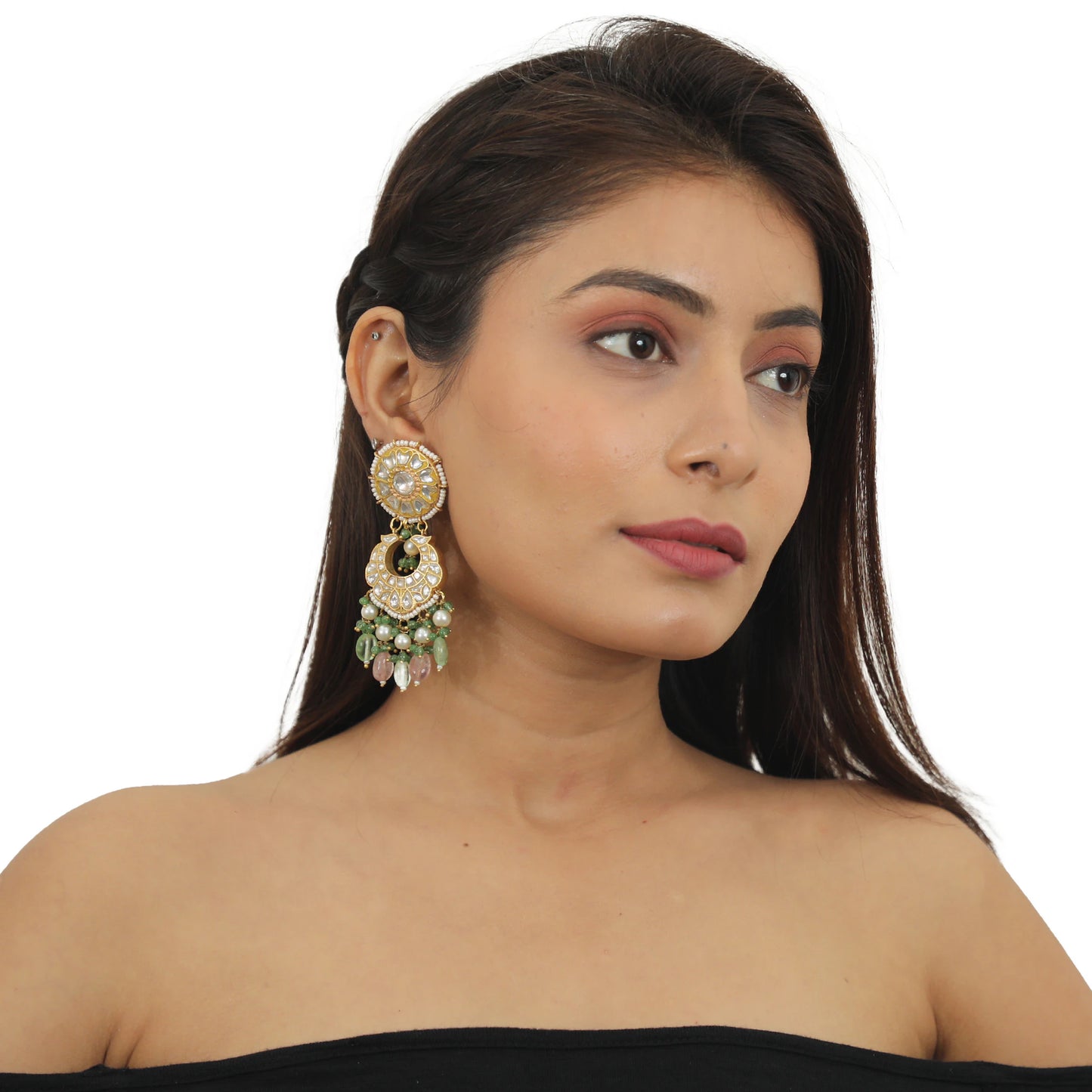 White Jadtar Stone Earrings With Pastel Pink Beads