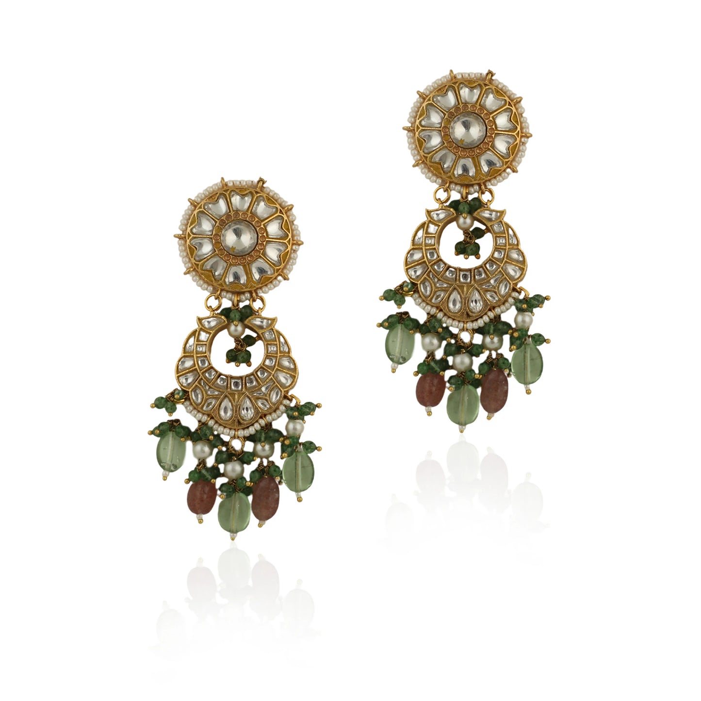White Jadtar Stone Earrings With Pastel Pink Beads