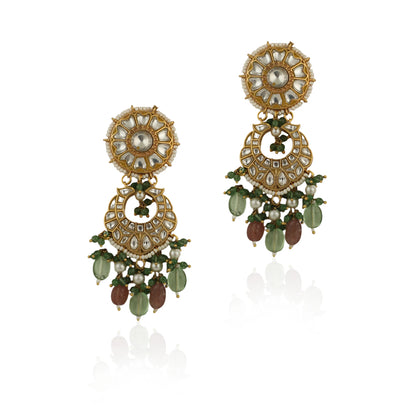 White Jadtar Stone Earrings With Pastel Pink Beads