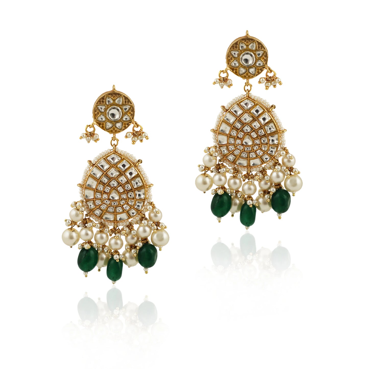 Oval Shape Jadtar Stone Earrings With Green Beads White Pearl