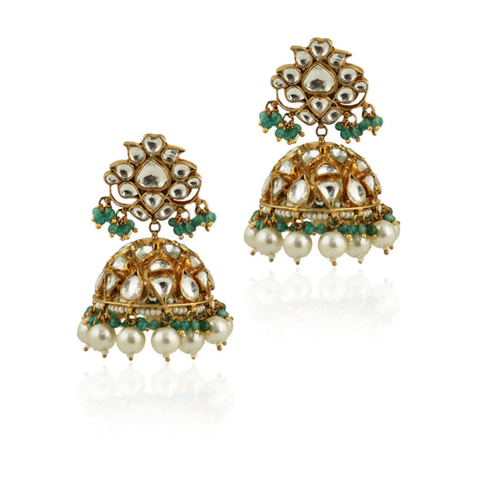 White Jhumki With Pearl And Sea Green Hangings