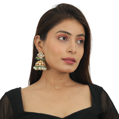 White Jhumki With Pearl And Sea Green Hangings