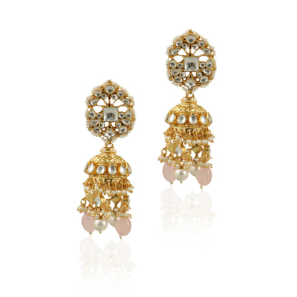 White Jadtar Stone Light Pink Jhumki