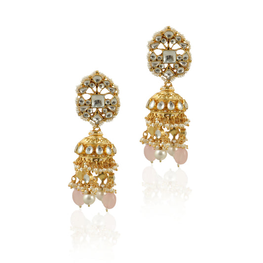 White Jadtar Stone Light Pink Jhumki