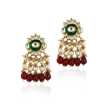 Green Meenawork Earrings With Red Beads