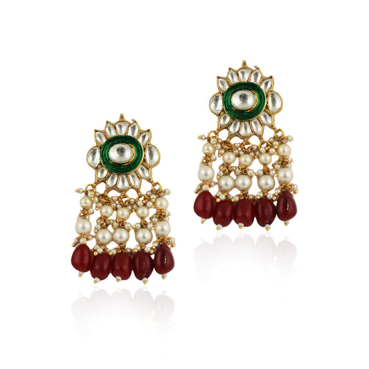 Green Meenawork Earrings With Red Beads