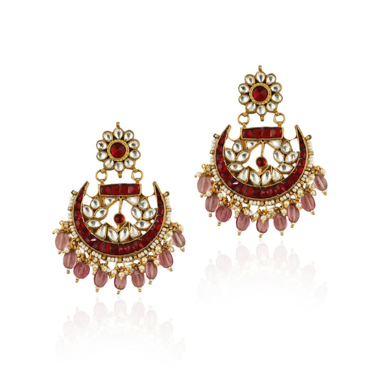 Red Stone With Pink Hangings Chandshape Earrings