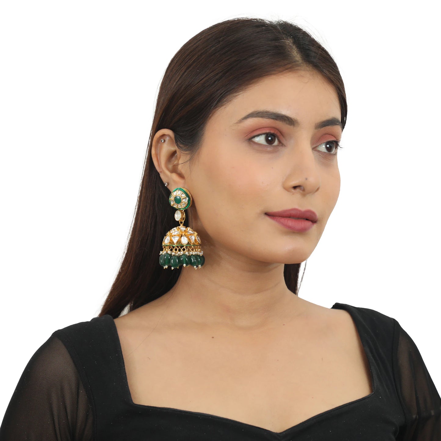 Green Meenawork Jhumki With Green Beads