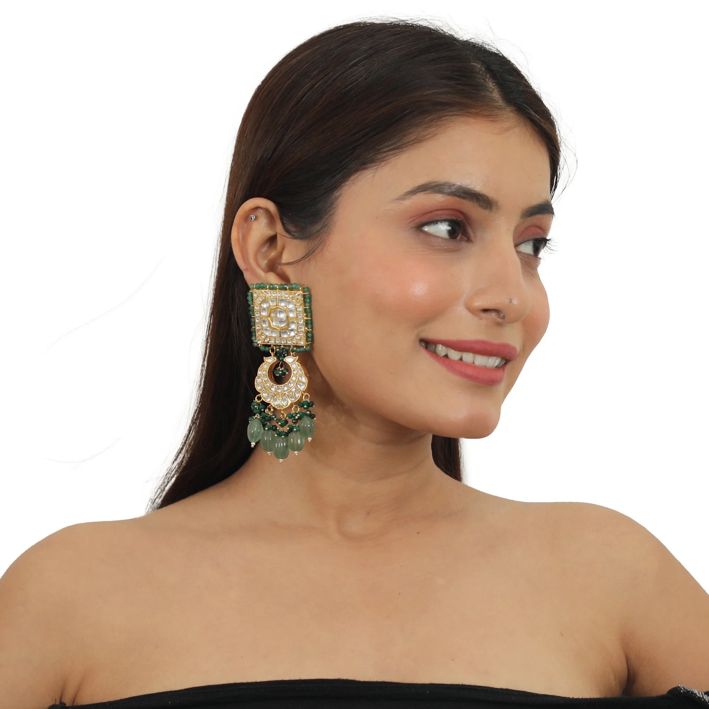 White Jadtar Stone Earrings With Green Moti Work And Sea Green Beads