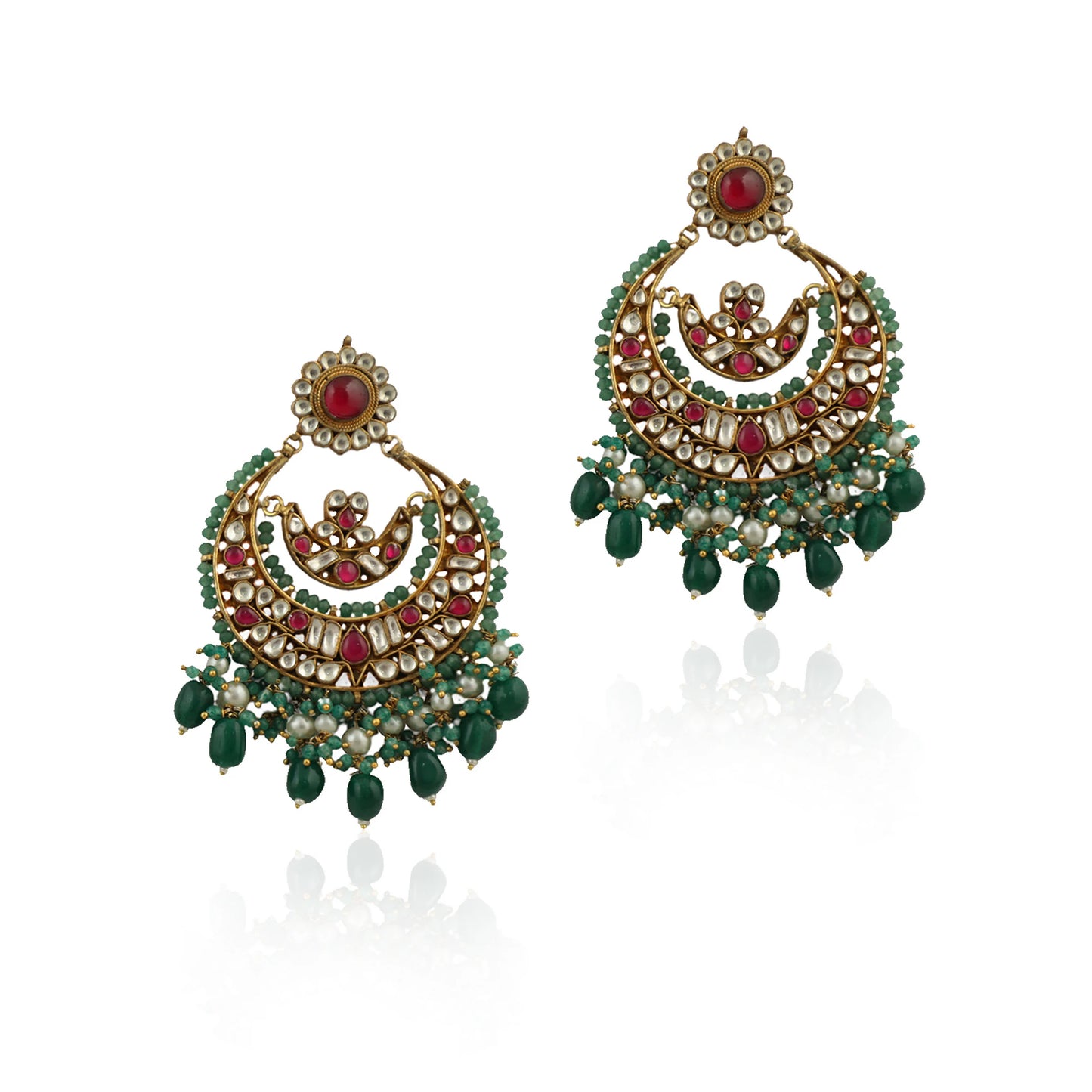 White And Red Stone With Green Beads Chand Baali Style Earrings