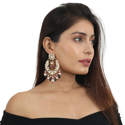 White Stone Earring Beadded Blue Beads And White Pearls  With Light Pink Hangings
