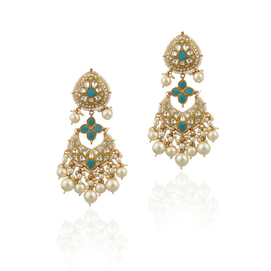 White And Firozi  Earrings With Pearls