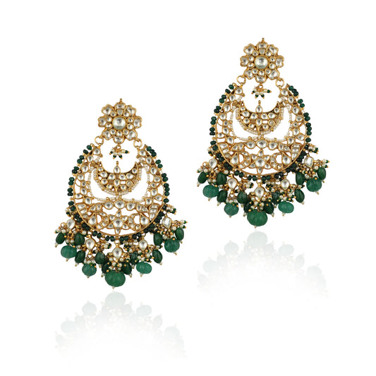 White Big Chand Baali Style Earrings Beadded Green Beads