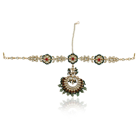 Floral Mathapatti With A Little Pink And Emerald Green Beads