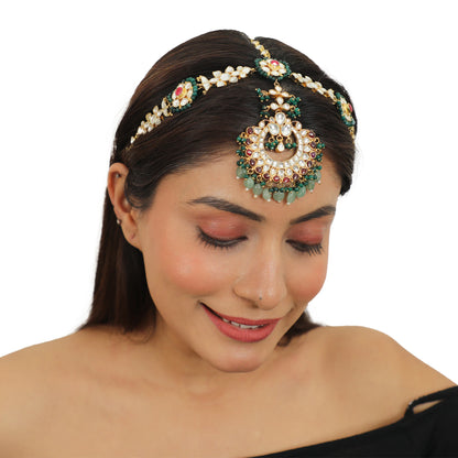 Floral Mathapatti With A Little Pink And Emerald Green Beads