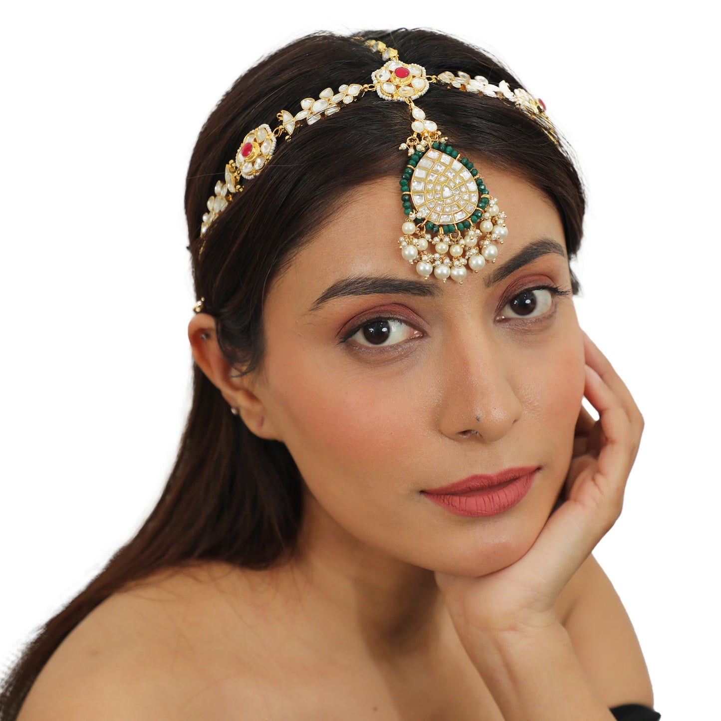 Pink And White Stones Floral Mathapatti Beaded With Pearls And A Touch Of Green