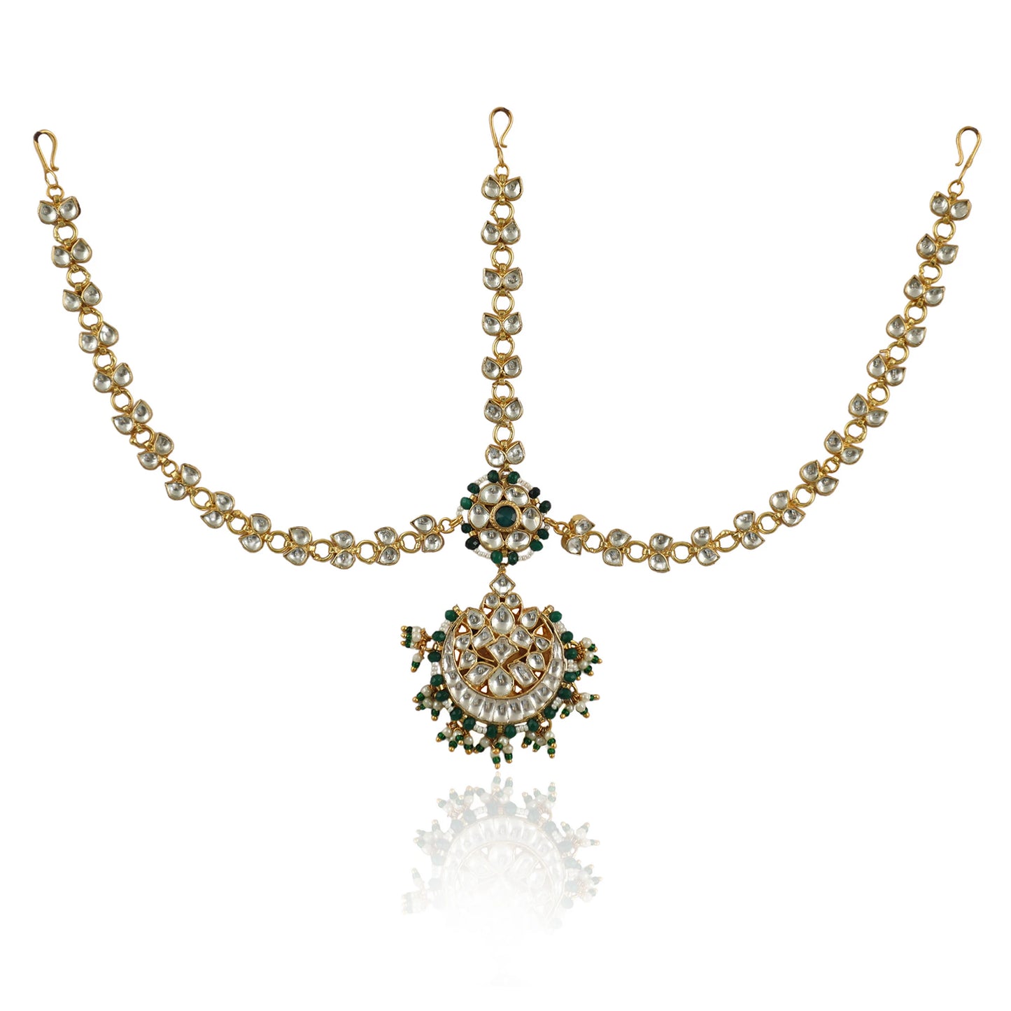 Jadtar Chain Mathapatti With Pearls And Emerald Green Beads