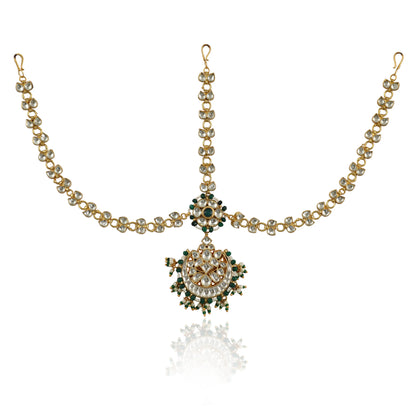 Jadtar Chain Mathapatti With Pearls And Emerald Green Beads