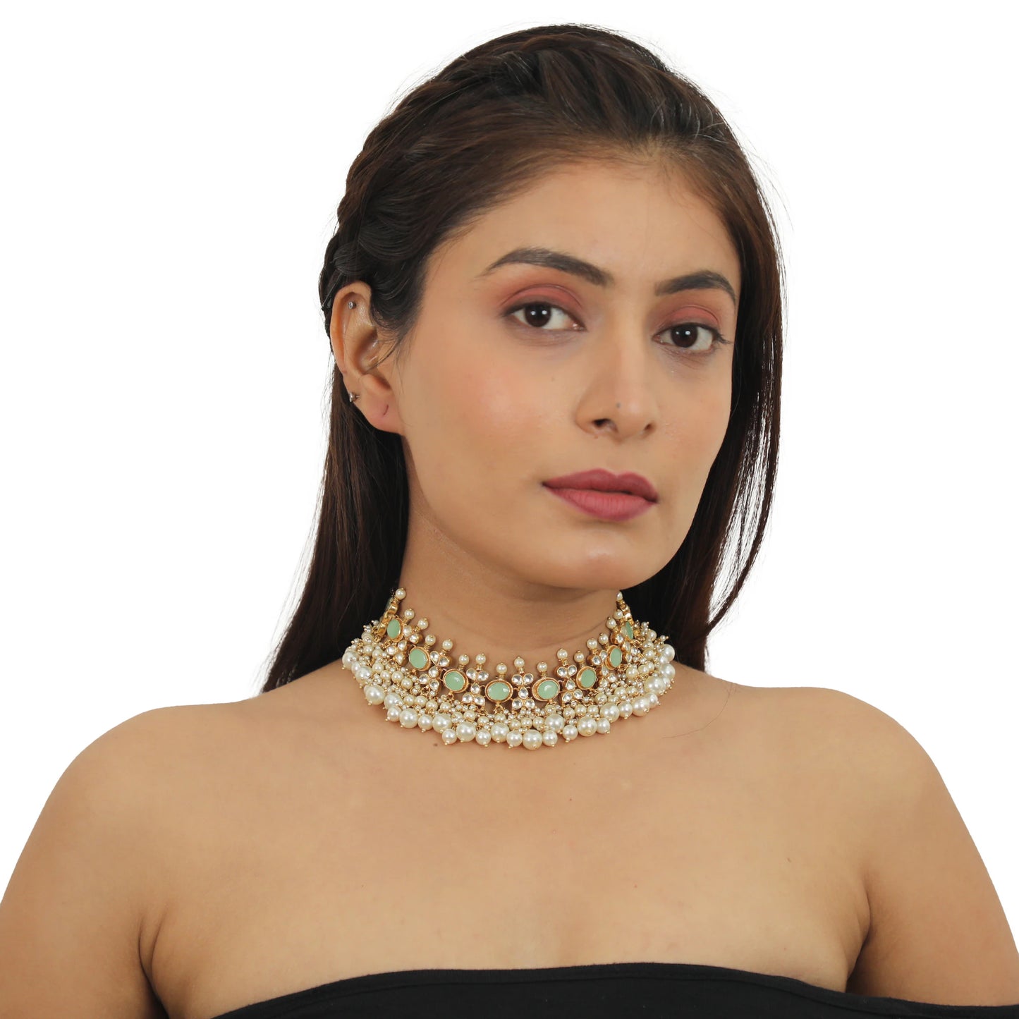 Light Green Choker Set With White Pearl