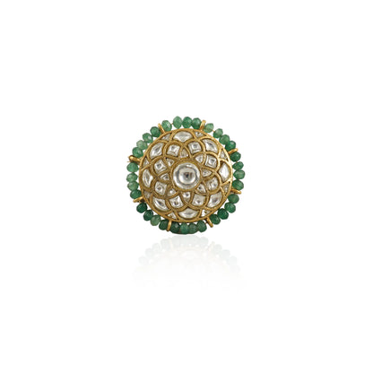 White Stone Round Ring With Sea Green  Small Beads Line