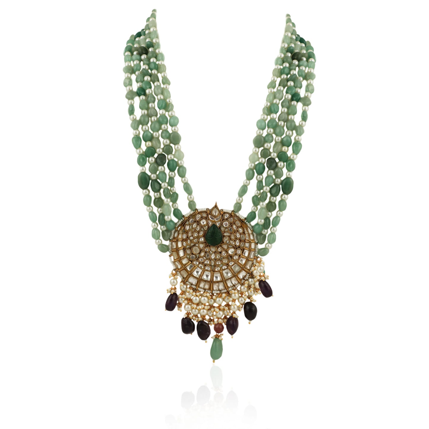 5 Line Sea Green Maala With Purple Pendant