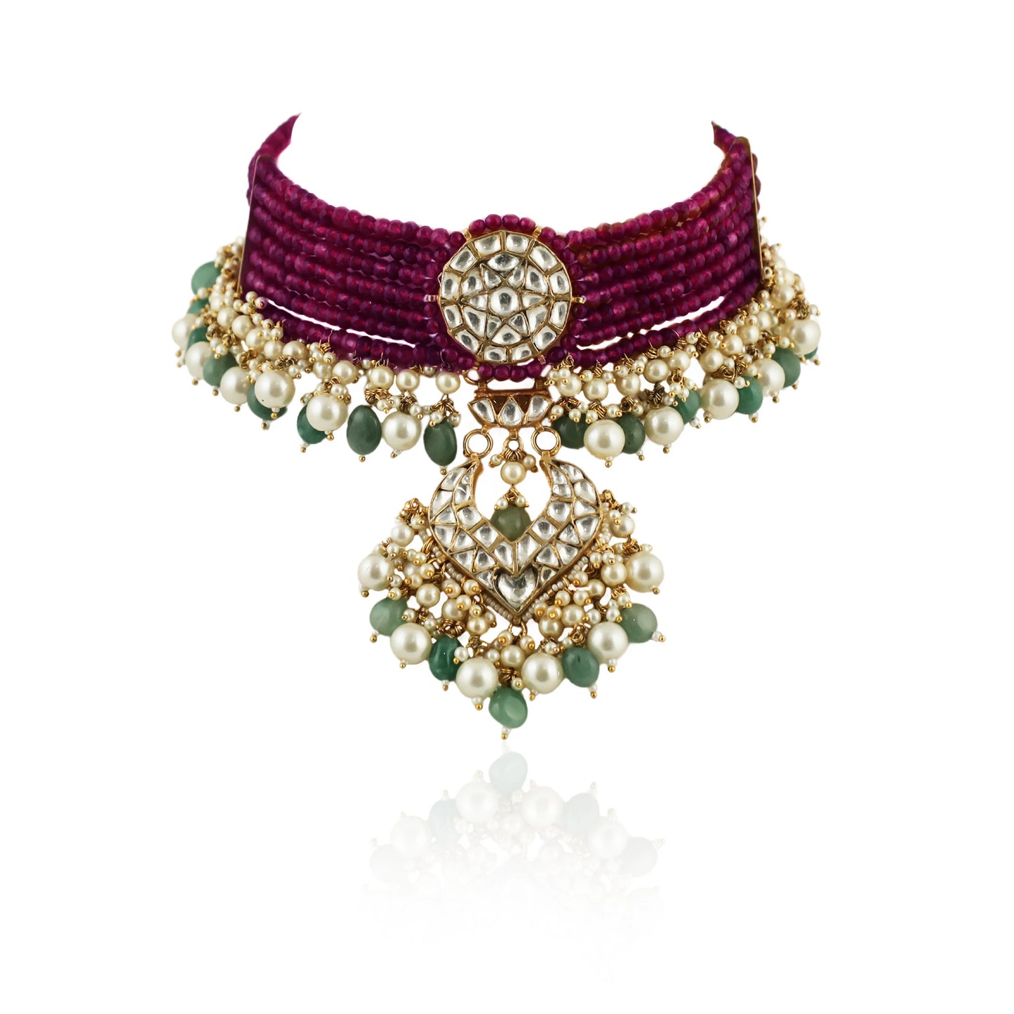 A 22Kt Gold Plated Choker Necklace Set Beaded In Maroon
