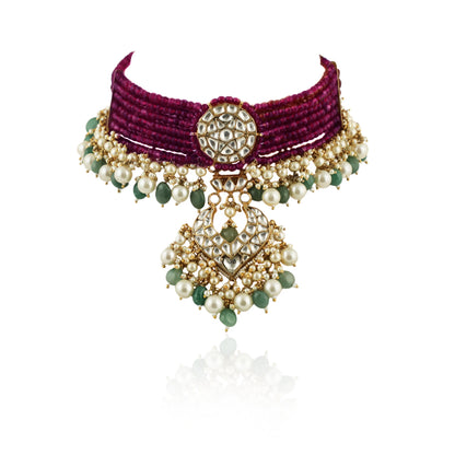A 22Kt Gold Plated Choker Necklace Set Beaded In Maroon