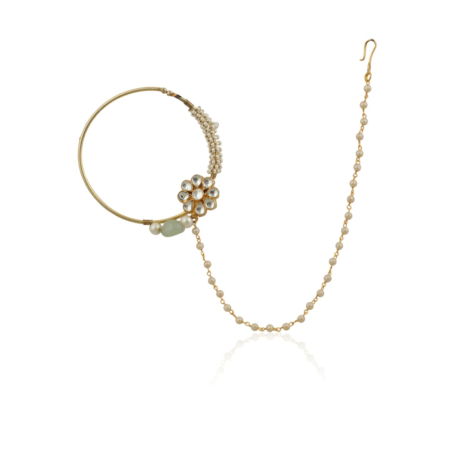 Rajasthani Traditional Nosering In 22Kt Gold Plating With Pearls And Sea Green Hanging