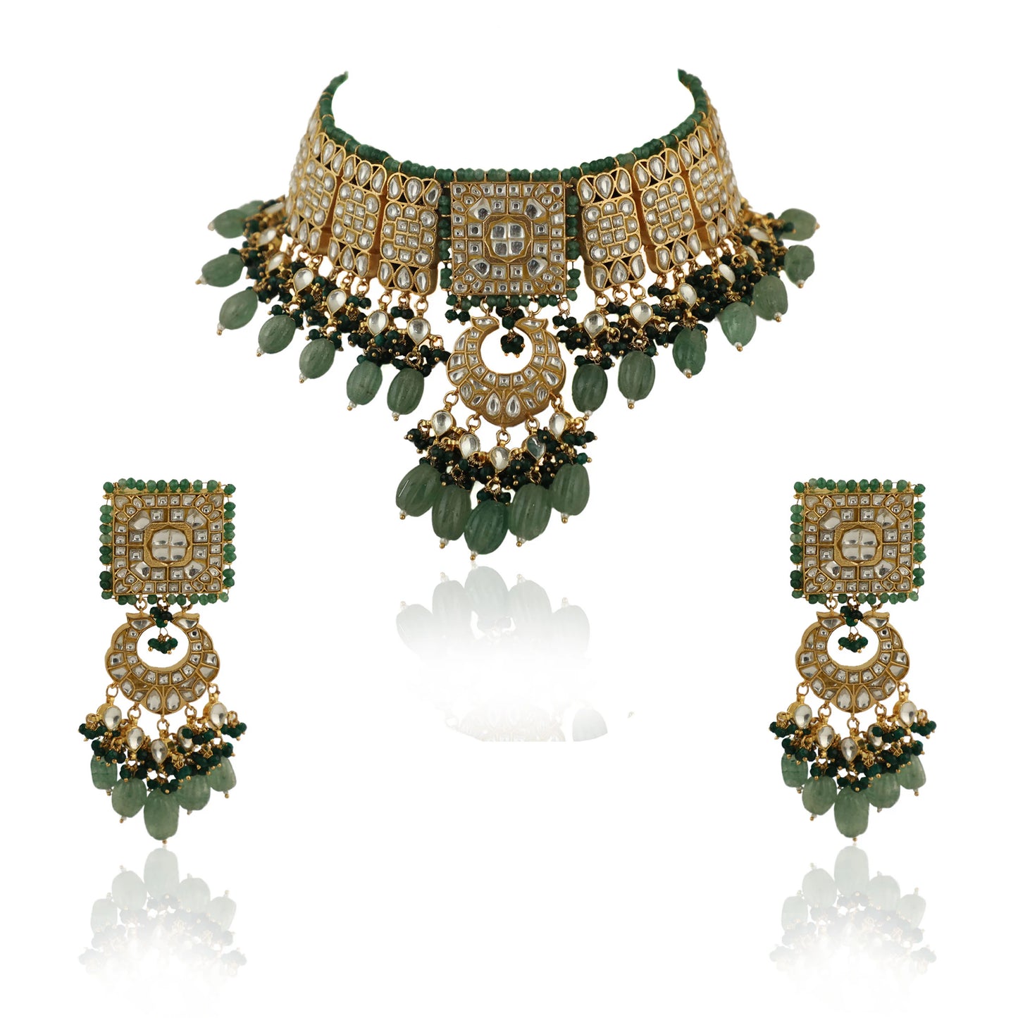 Geomatrical Necklace Set With Earings In Emerald And Sea Green Beads