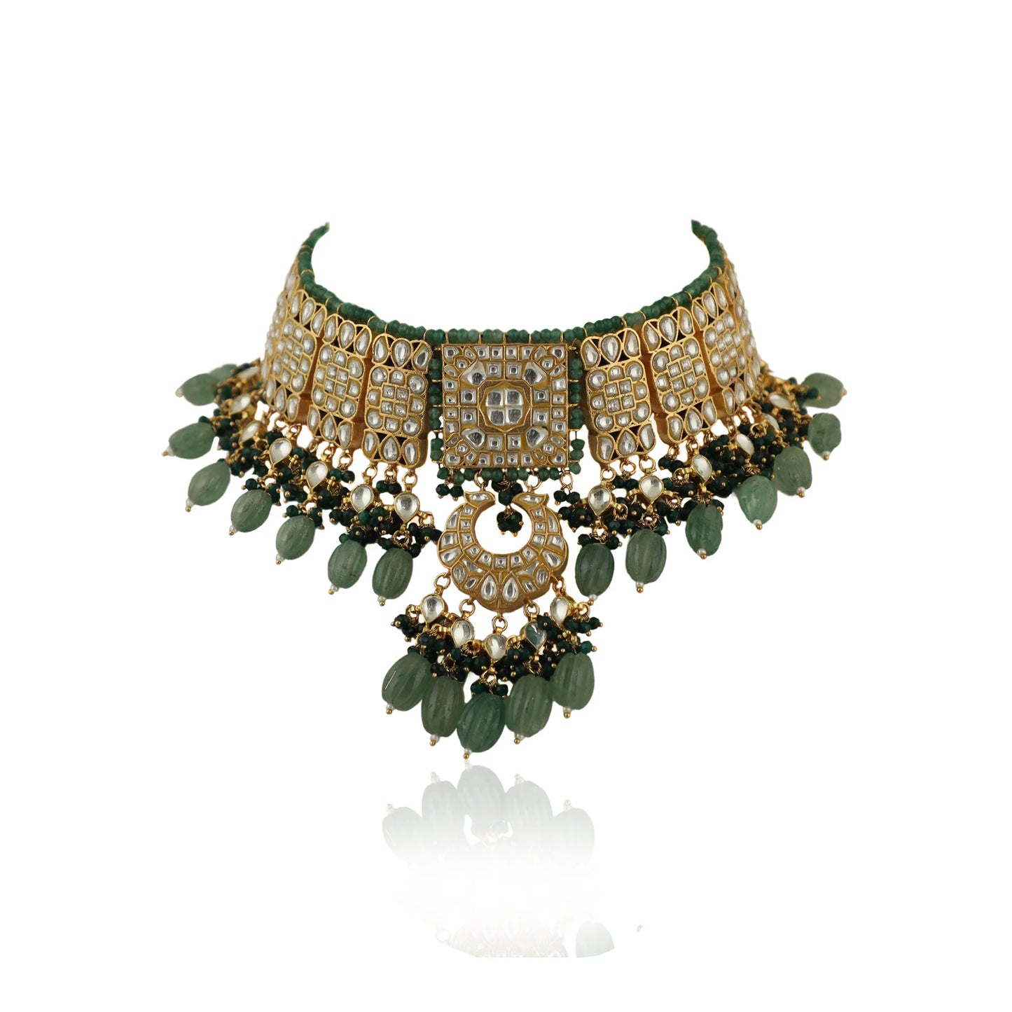 Geomatrical Necklace Set With Earings In Emerald And Sea Green Beads
