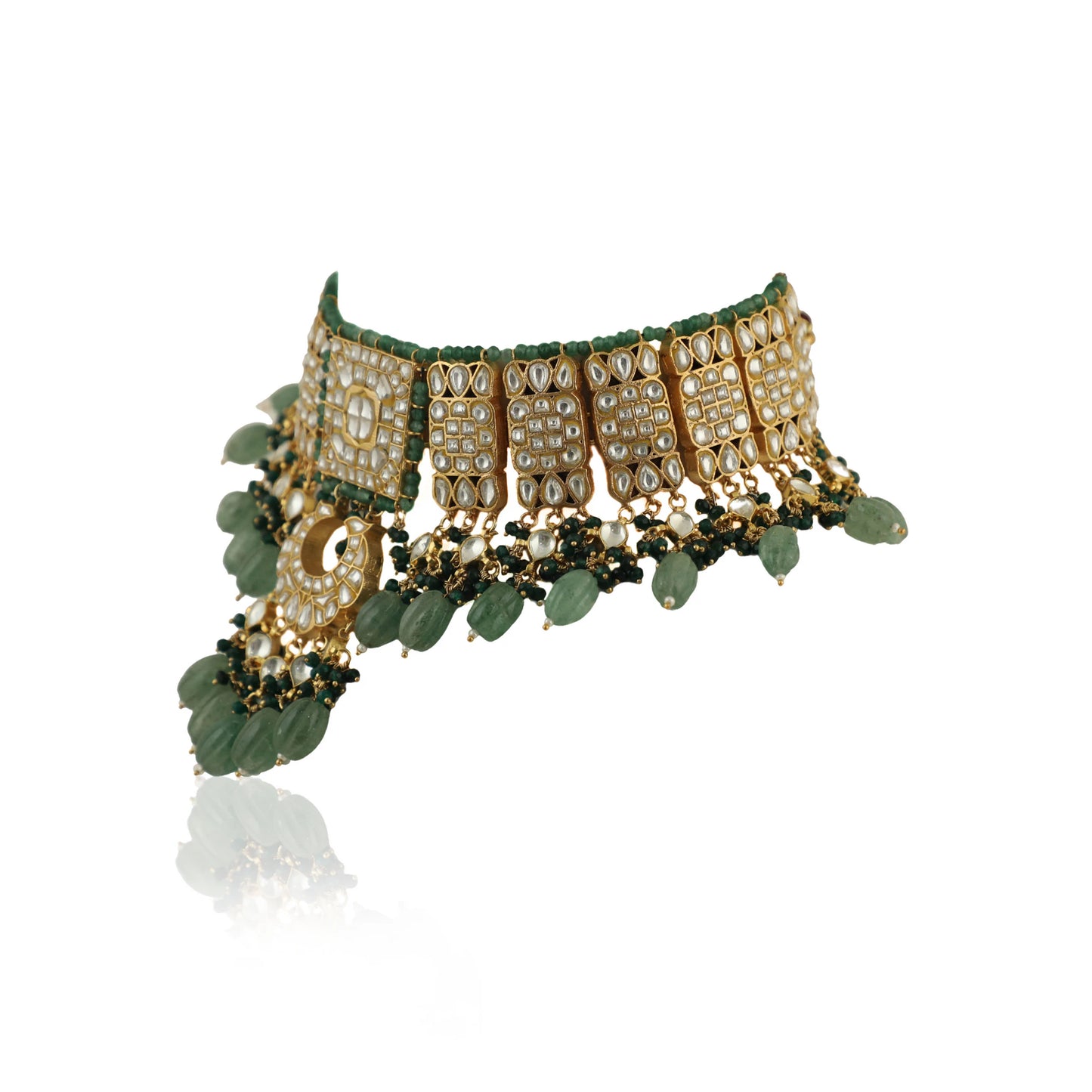 Geomatrical Necklace Set With Earings In Emerald And Sea Green Beads