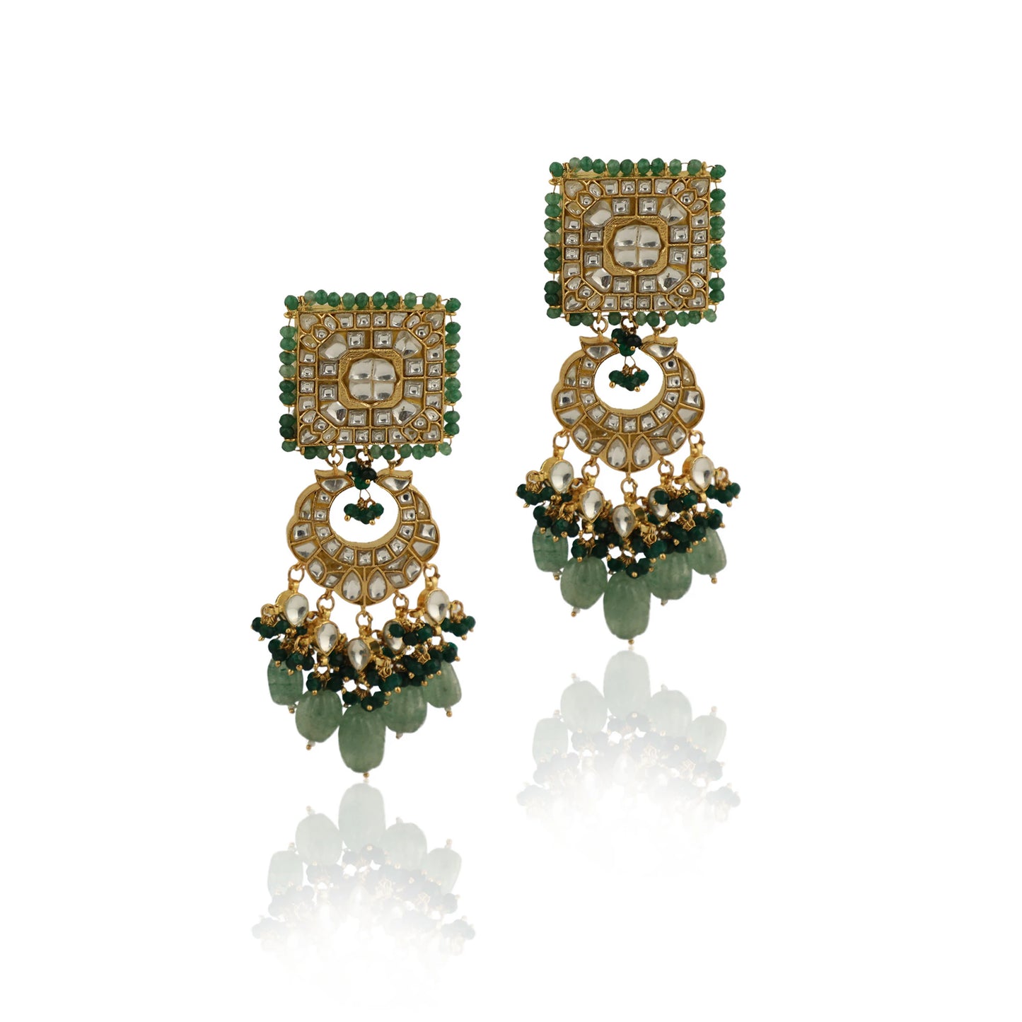 Geomatrical Necklace Set With Earings In Emerald And Sea Green Beads