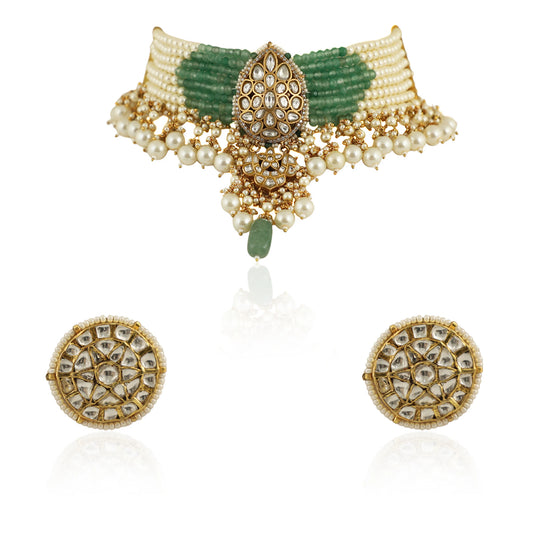 A 22Kt Gold Plated Choker With Its Unique Shape In Sea Green And Pearls