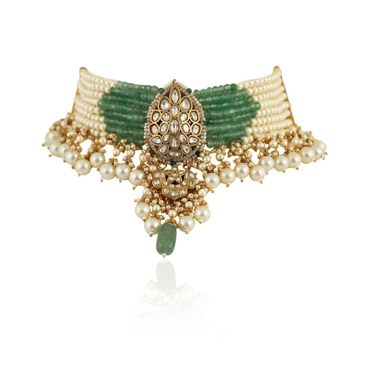 A 22Kt Gold Plated Choker With Its Unique Shape In Sea Green And Pearls